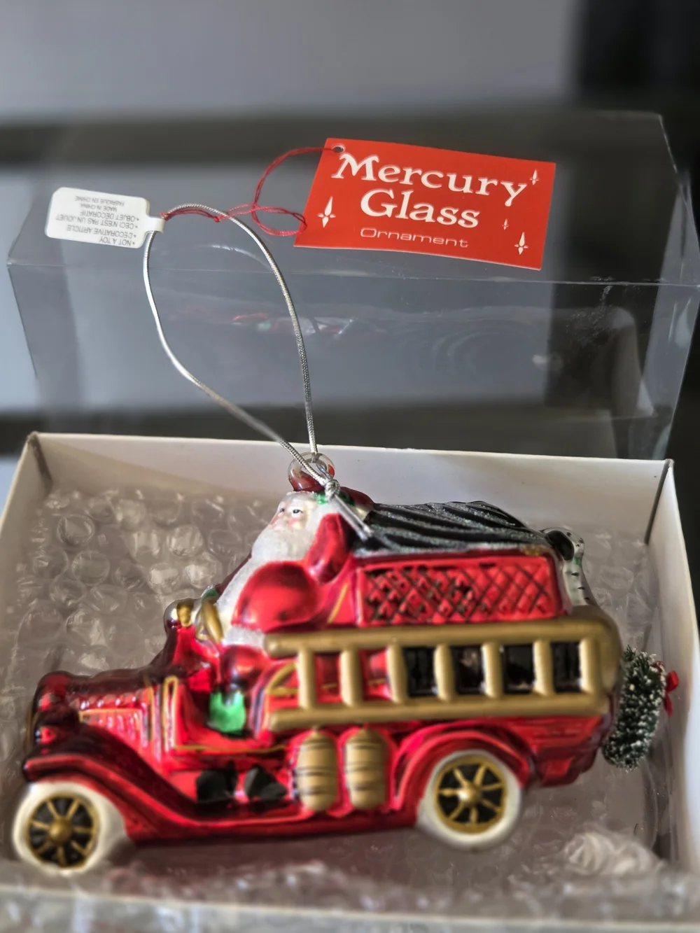 SANTAS FIRE TRUCK Handpainted Mercury Glass DEPT 56 Ornament New In Box Vintage